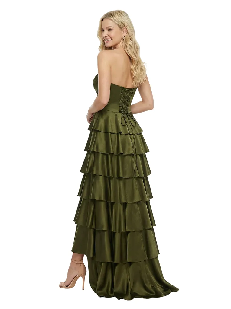 Classy Strapless Tiered Ruffle Lace Up Back Glossy Satin A-Line Prom Dress sold by ChicSew product image thumbnail 3