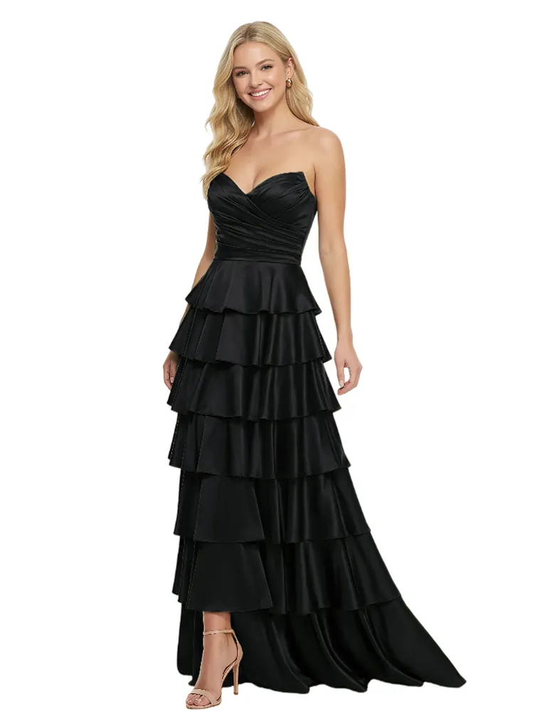 Classy Strapless Tiered Ruffle Lace Up Back Glossy Satin A-Line Prom Dress sold by ChicSew product image thumbnail 4
