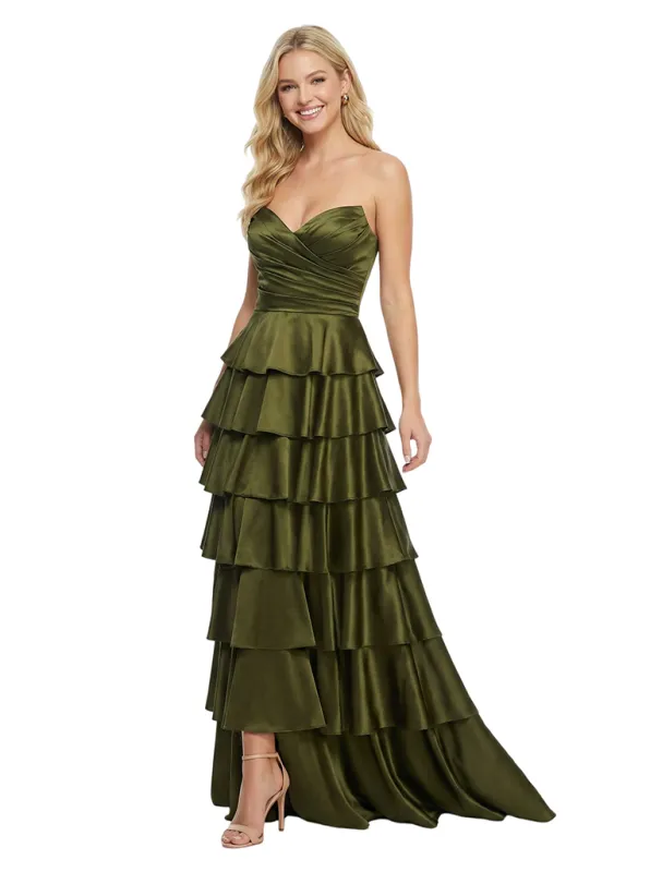 Classy Strapless Tiered Ruffle Lace Up Back Glossy Satin A-Line Prom Dress sold by ChicSew