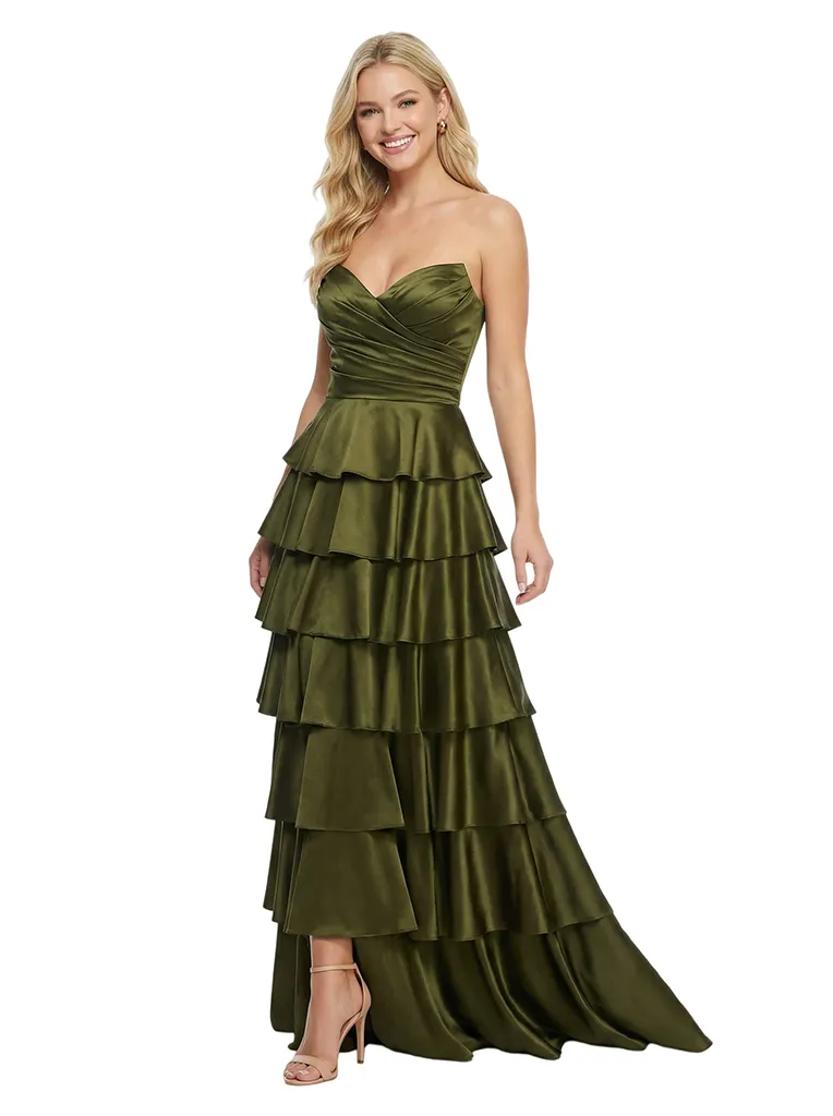 Classy Strapless Tiered Ruffle Lace Up Back Glossy Satin A-Line Prom Dress sold by ChicSew