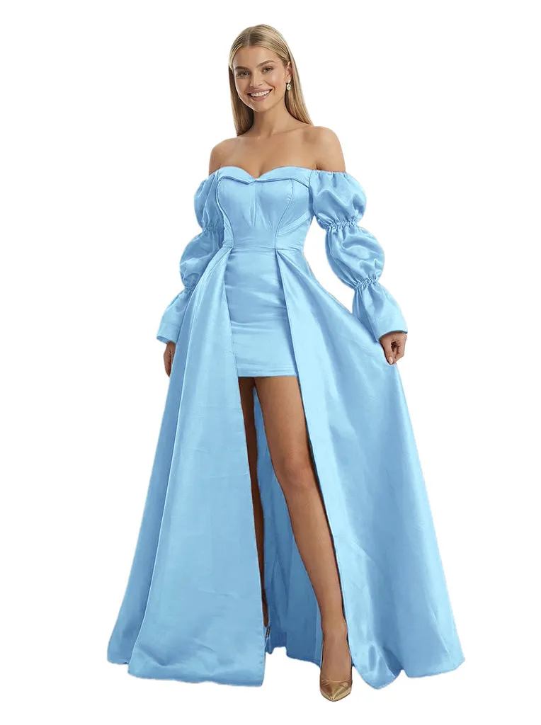 Unique Long Sleeves Off Shoulder A-Line Satin Cocktail Prom Gown Overskirt sold by ChicSew product image thumbnail 5