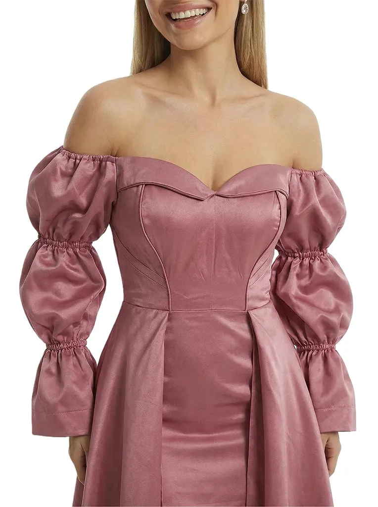 Unique Long Sleeves Off Shoulder A-Line Satin Cocktail Prom Gown Overskirt sold by ChicSew product image thumbnail 2