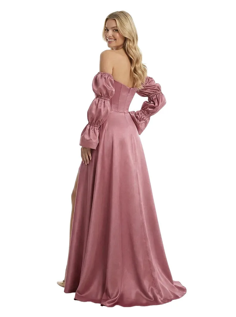 Unique Long Sleeves Off Shoulder A-Line Satin Cocktail Prom Gown Overskirt sold by ChicSew product image thumbnail 3