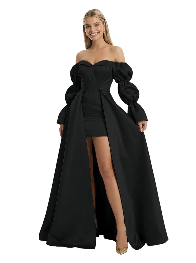 Unique Long Sleeves Off Shoulder A-Line Satin Cocktail Prom Gown Overskirt sold by ChicSew product image thumbnail 4