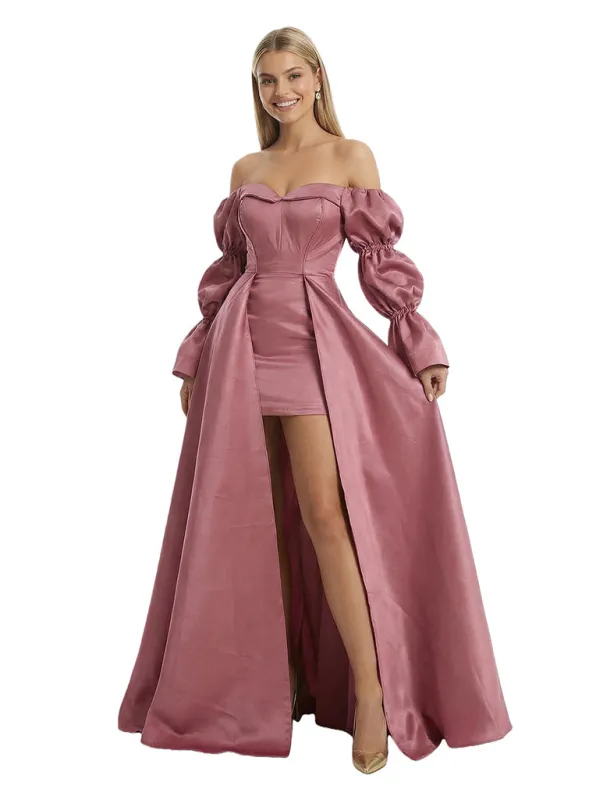 Unique Long Sleeves Off Shoulder A-Line Satin Cocktail Prom Gown Overskirt sold by ChicSew