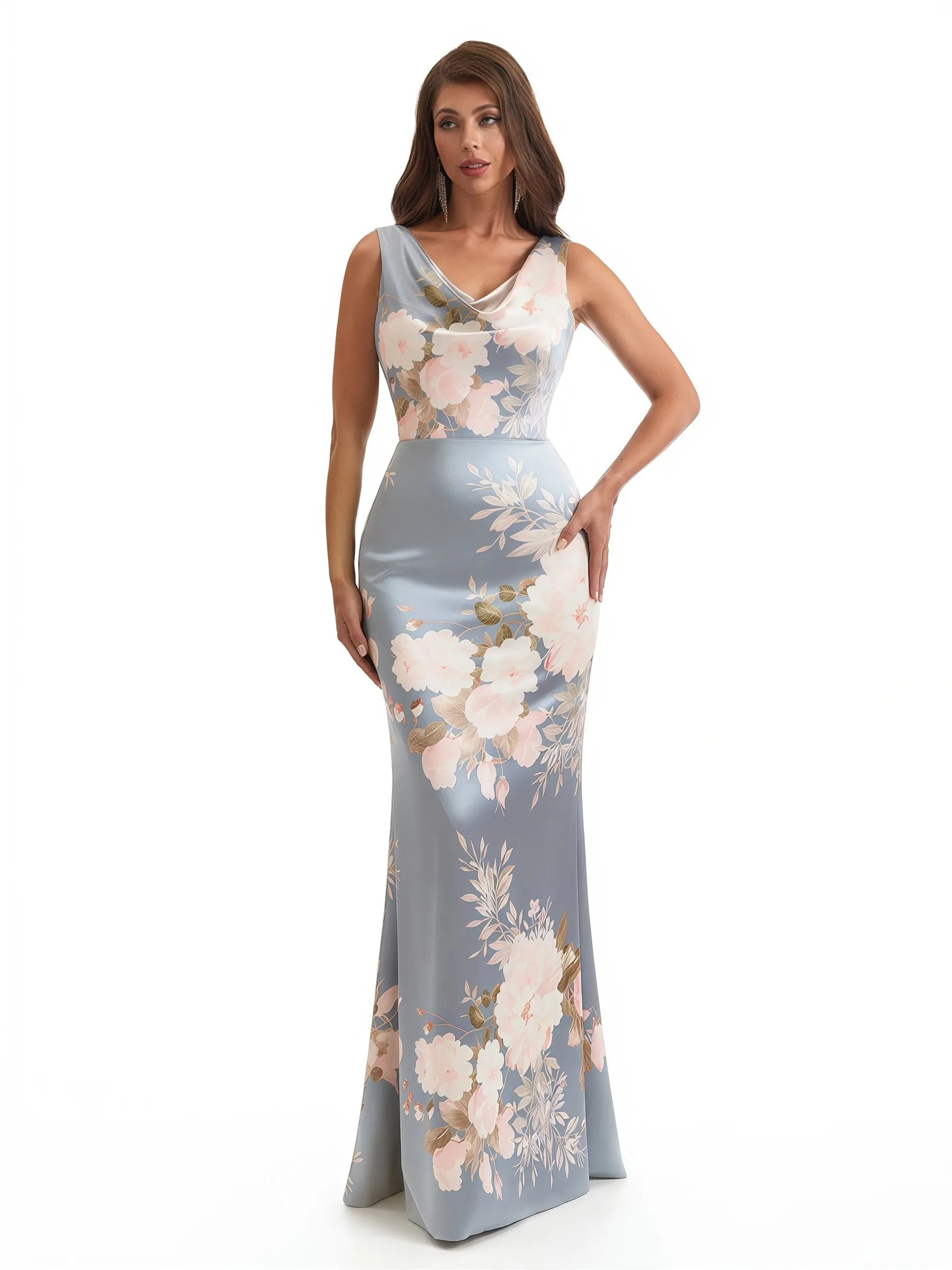 Elegant Spaghetti Straps Cowl Mermaid Long Satin Floral Formal Evening Dresses For Ladies sold by ChicSew