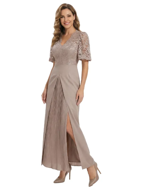 Glamorous Short Sleeves V-Neck A-line Lace Pleated Chiffon Mother of The Bride Dress sold by ChicSew