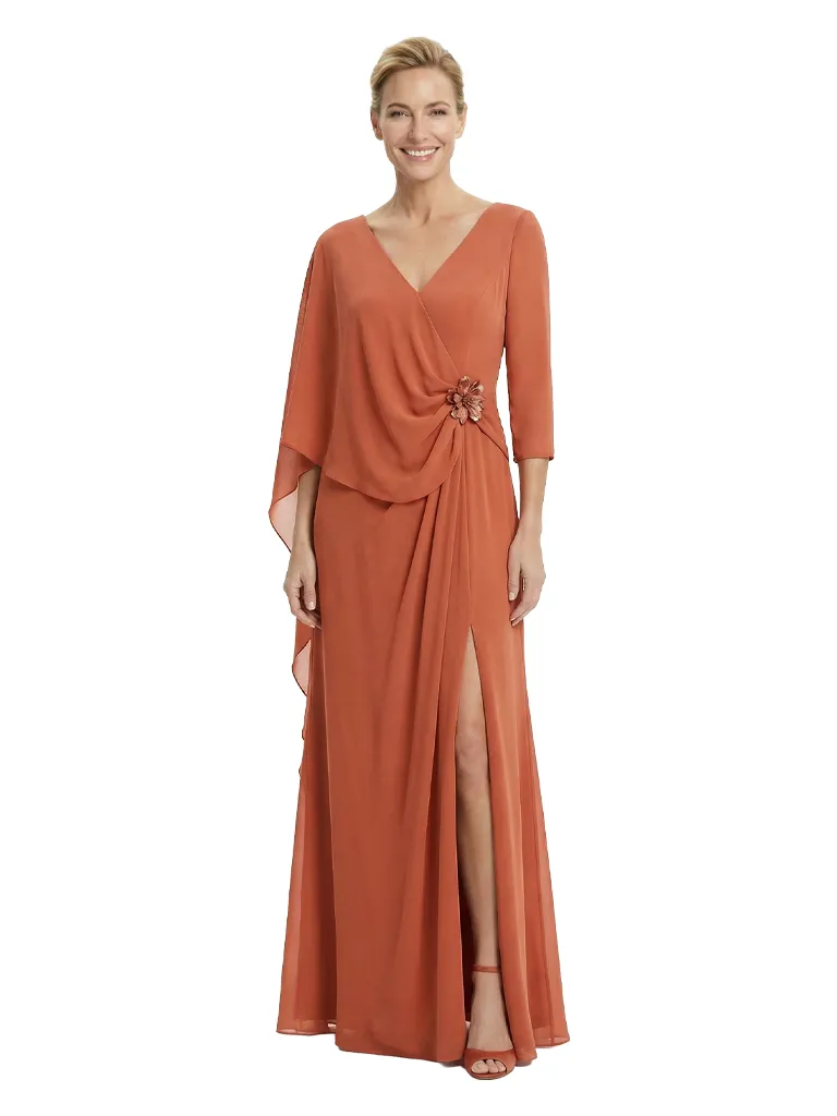 Elegant 3/4 Sleeves V-Neck Chiffon A-Line Floor-Length Beautiful Mother of The Bride Gown sold by ChicSew