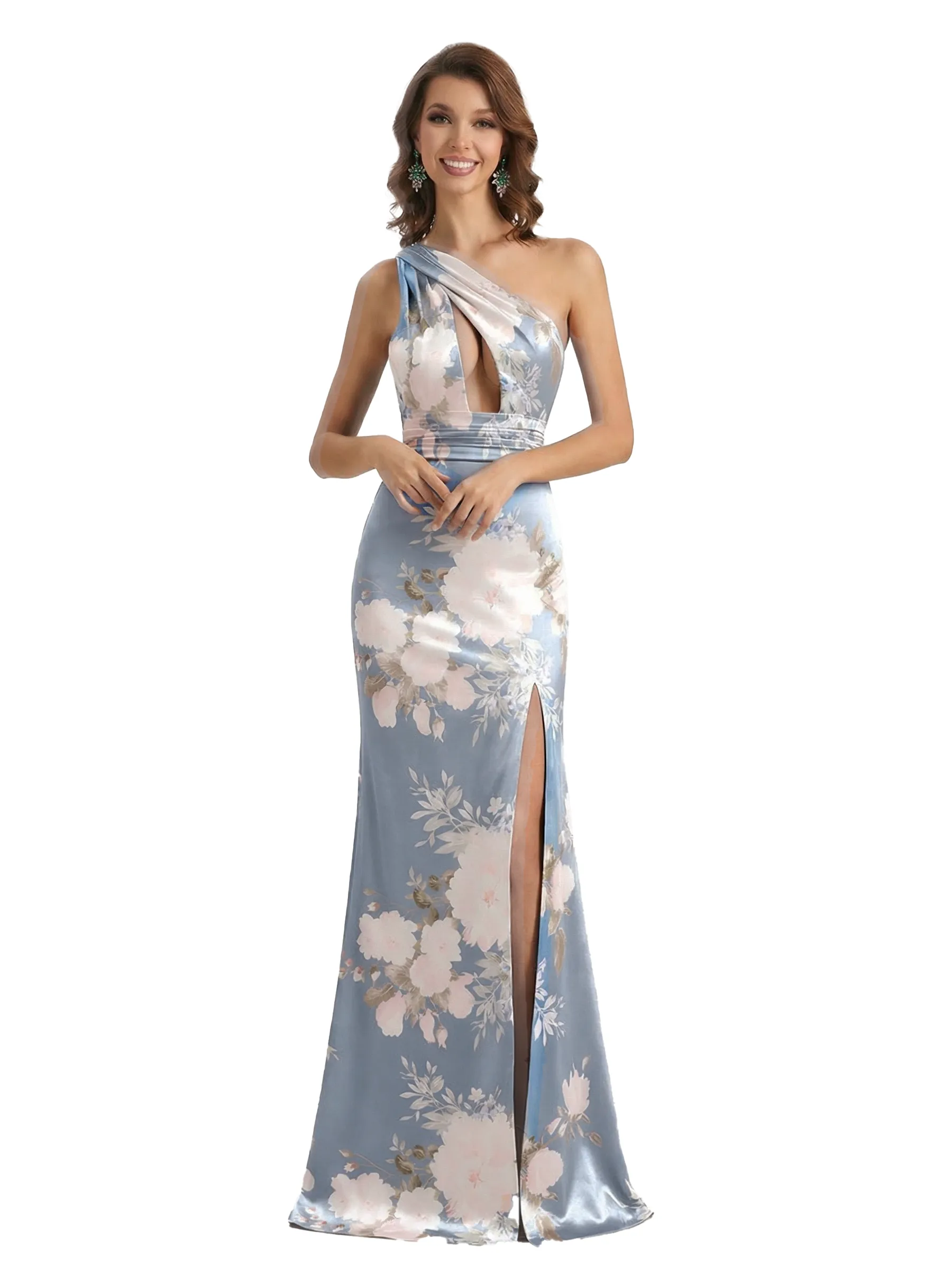 Simple One Shoulder Side Slit Mermaid Floral Satin Maxi Floral Formal Dresses For Women sold by ChicSew