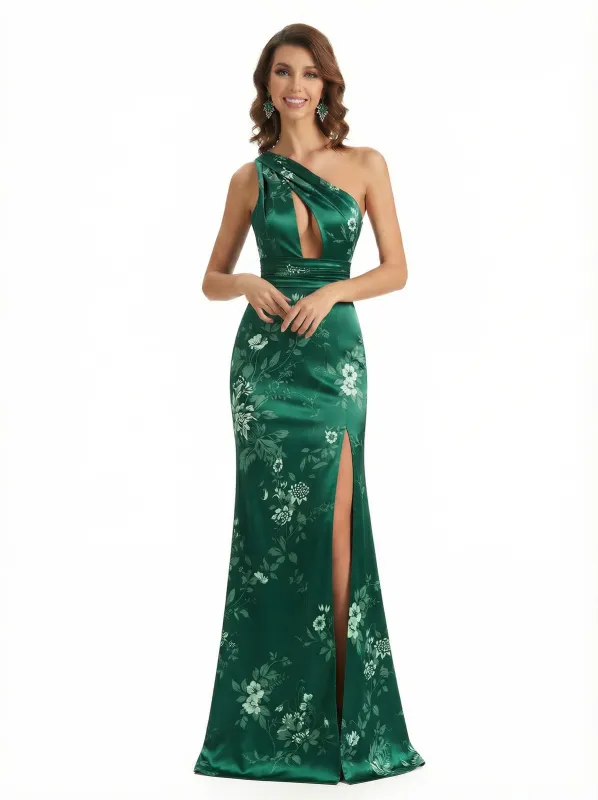 Simple One Shoulder Side Slit Mermaid Floral Satin Maxi Floral Formal Dresses For Women sold by ChicSew