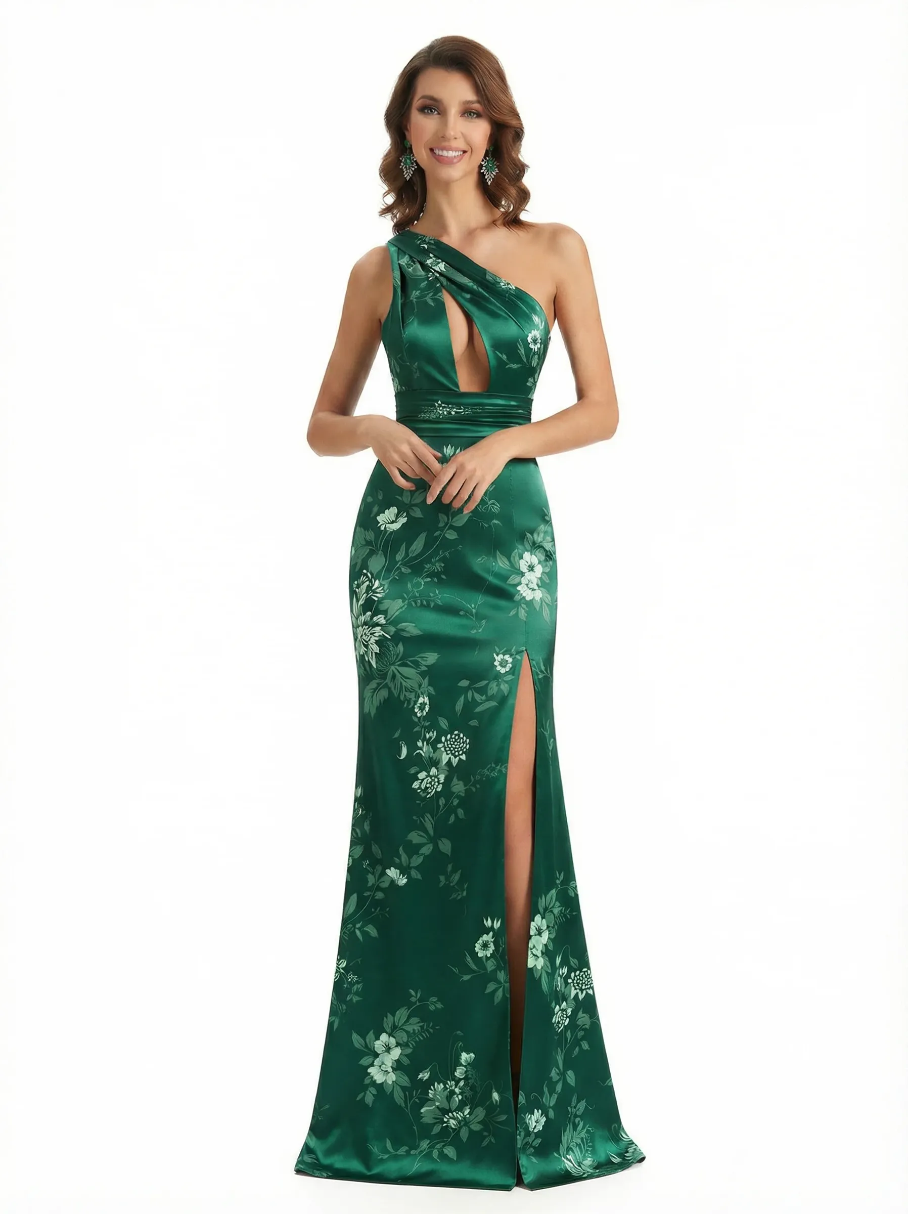 Simple One Shoulder Side Slit Mermaid Floral Satin Maxi Floral Formal Dresses For Women sold by ChicSew