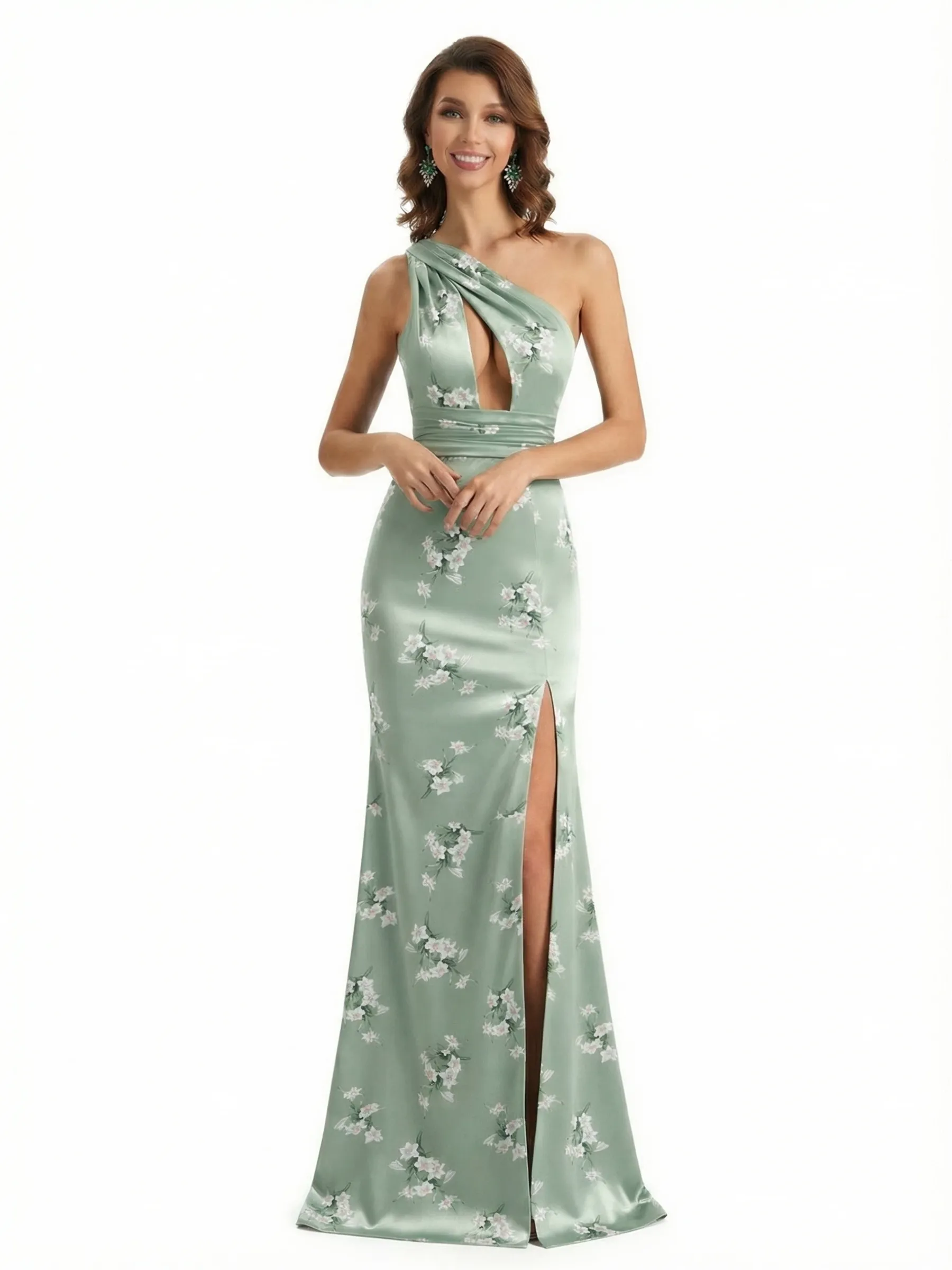 Simple One Shoulder Side Slit Mermaid Floral Satin Maxi Floral Formal Dresses For Women sold by ChicSew