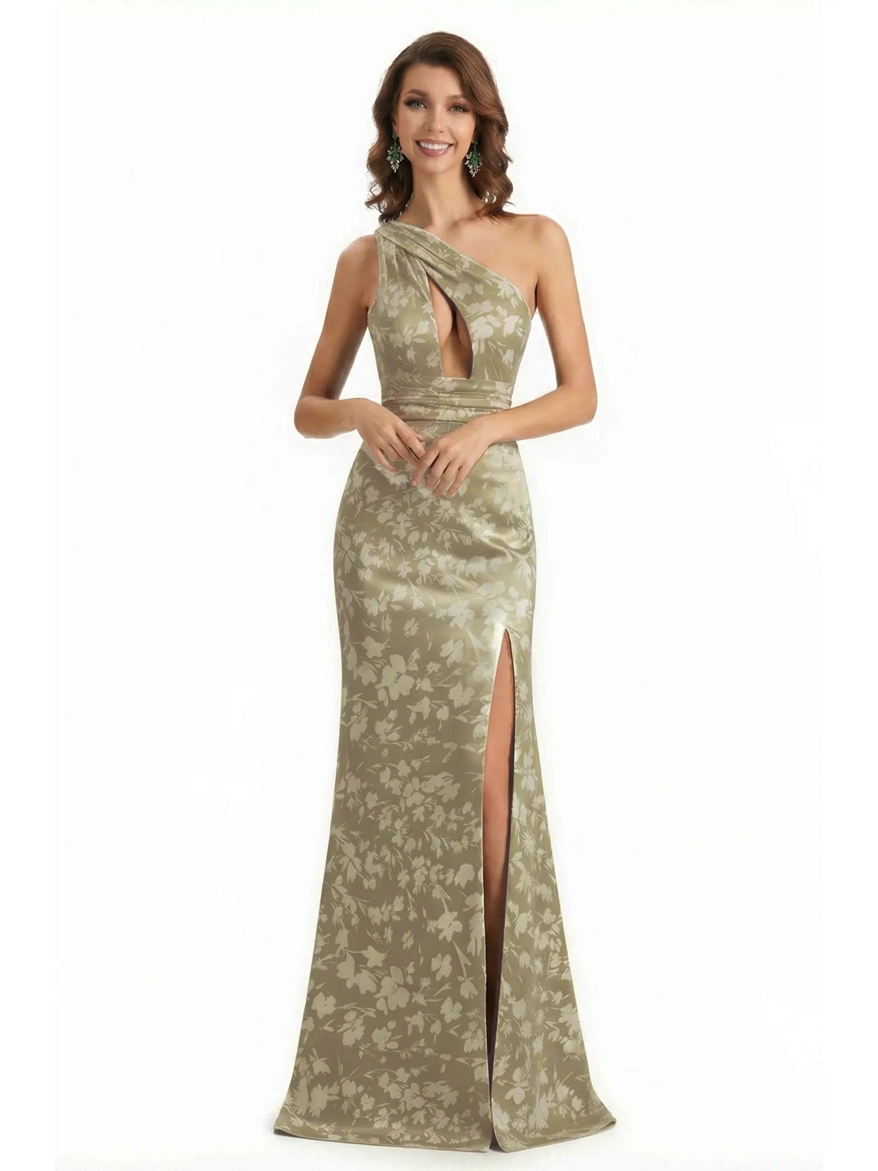 Simple One Shoulder Side Slit Mermaid Floral Satin Maxi Floral Formal Dresses For Women sold by ChicSew