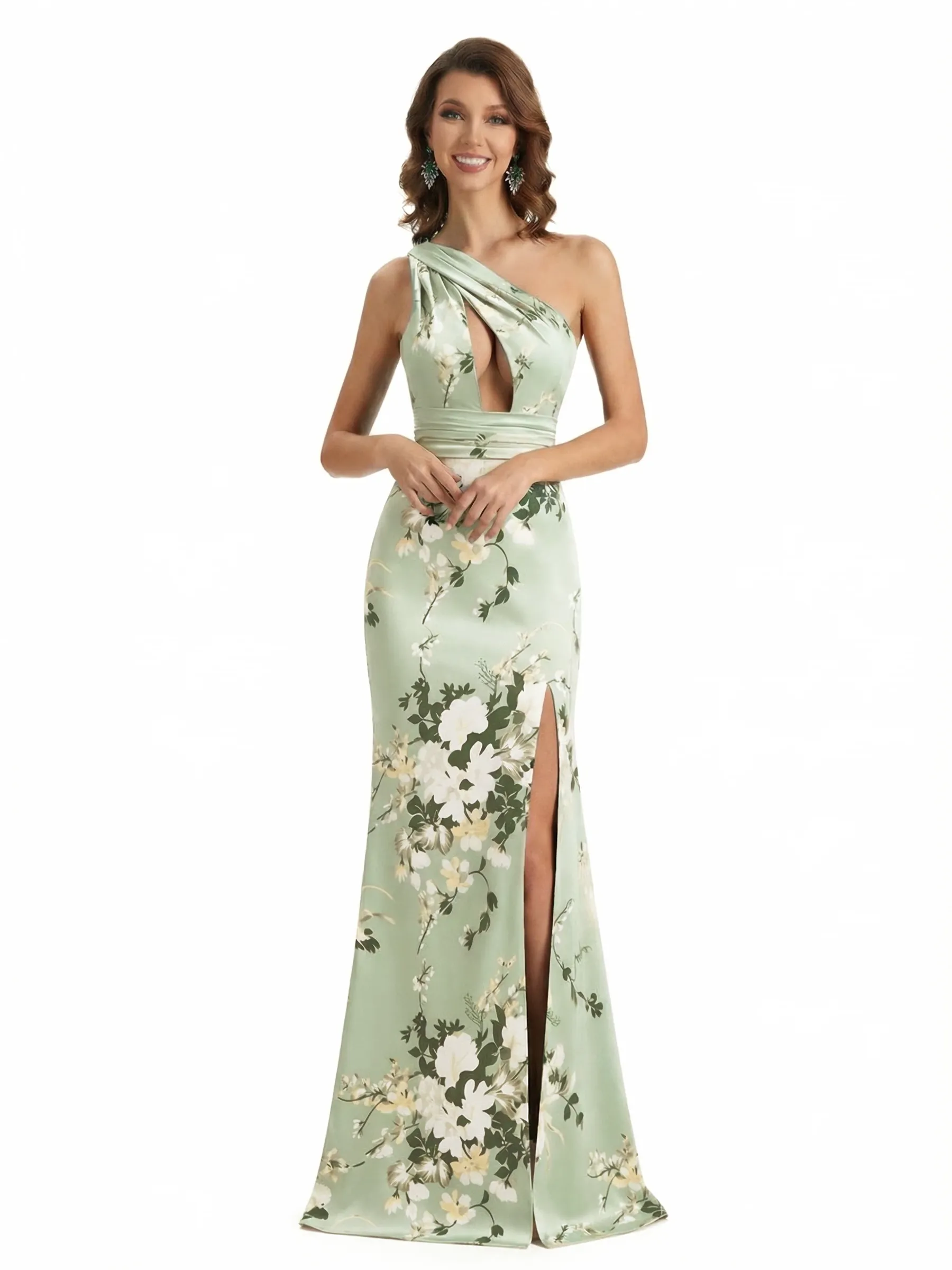 Simple One Shoulder Side Slit Mermaid Floral Satin Maxi Floral Formal Dresses For Women sold by ChicSew