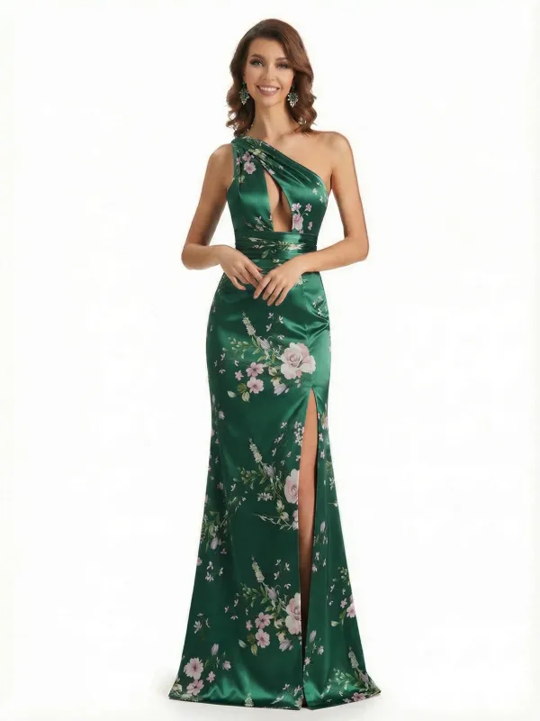 Simple One Shoulder Side Slit Mermaid Floral Satin Maxi Floral Formal Dresses For Women sold by ChicSew