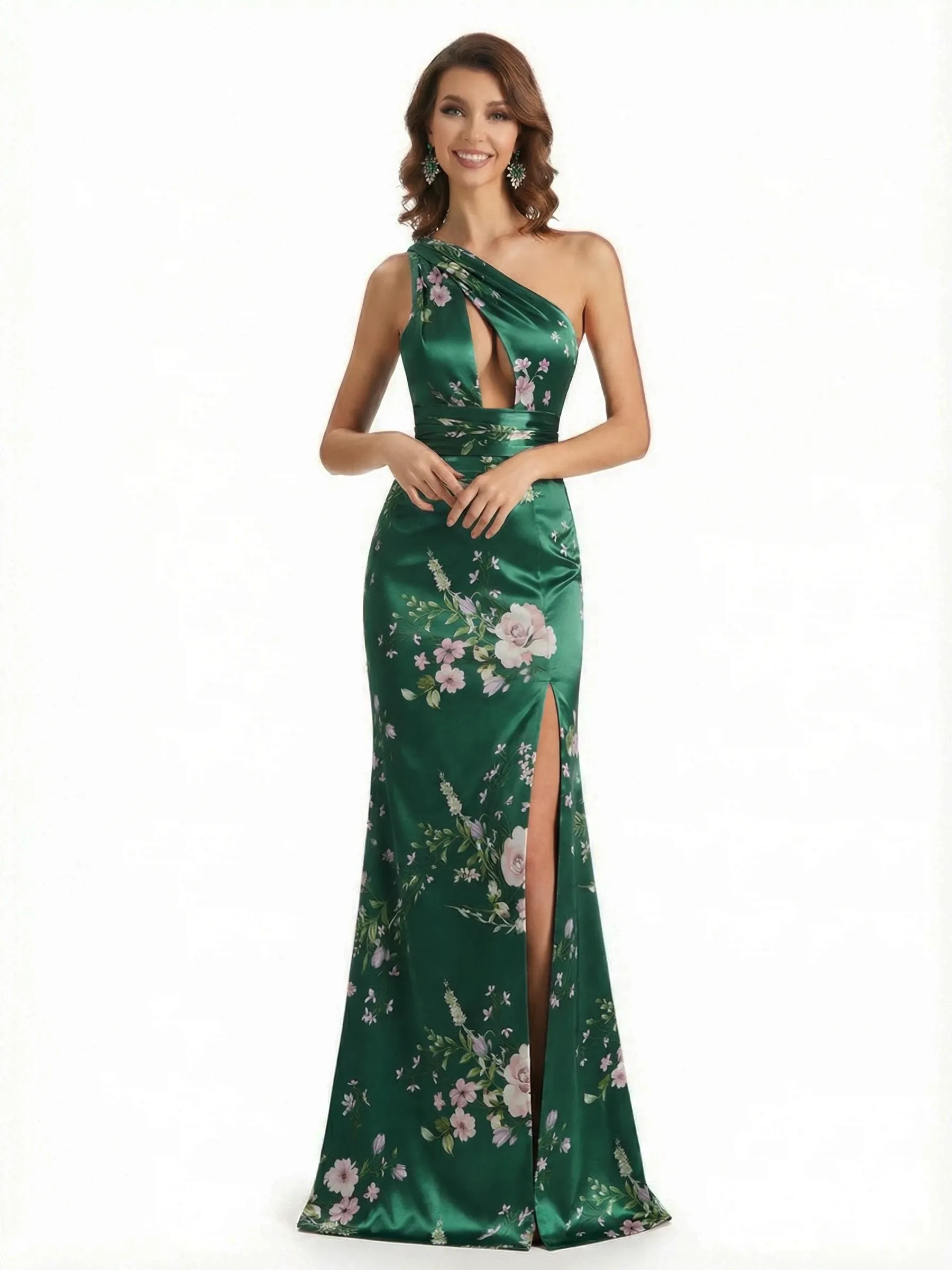 Simple One Shoulder Side Slit Mermaid Floral Satin Maxi Floral Formal Dresses For Women sold by ChicSew