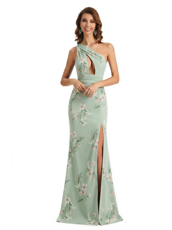 Simple One Shoulder Side Slit Mermaid Floral Satin Maxi Floral Formal Dresses For Women sold by ChicSew