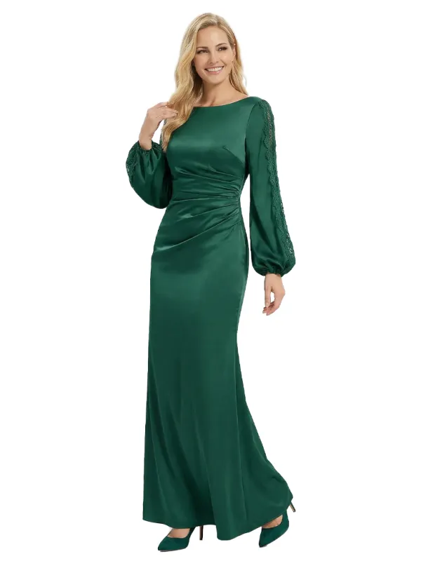 Elegant long Sleeves Jewel Floor-Length Pleat Satin Mother of the Groom Evening Dress sold by ChicSew