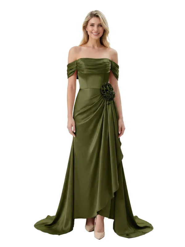 Off The Shoulder Ruching Satin Mother Of The Groom Dress Mermaid Maxi Gown With Floral Accent Train sold by ChicSew