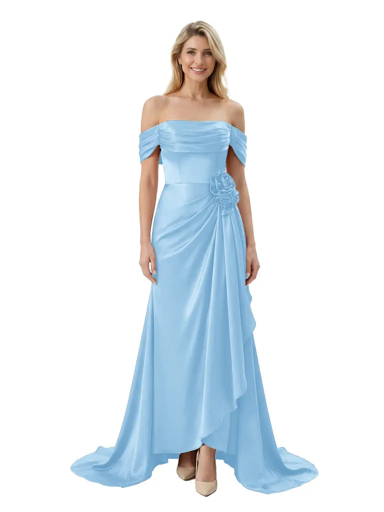 Off The Shoulder Ruching Satin Mother Of The Groom Dress Mermaid Maxi Gown With Floral Accent Train sold by ChicSew product image thumbnail 5