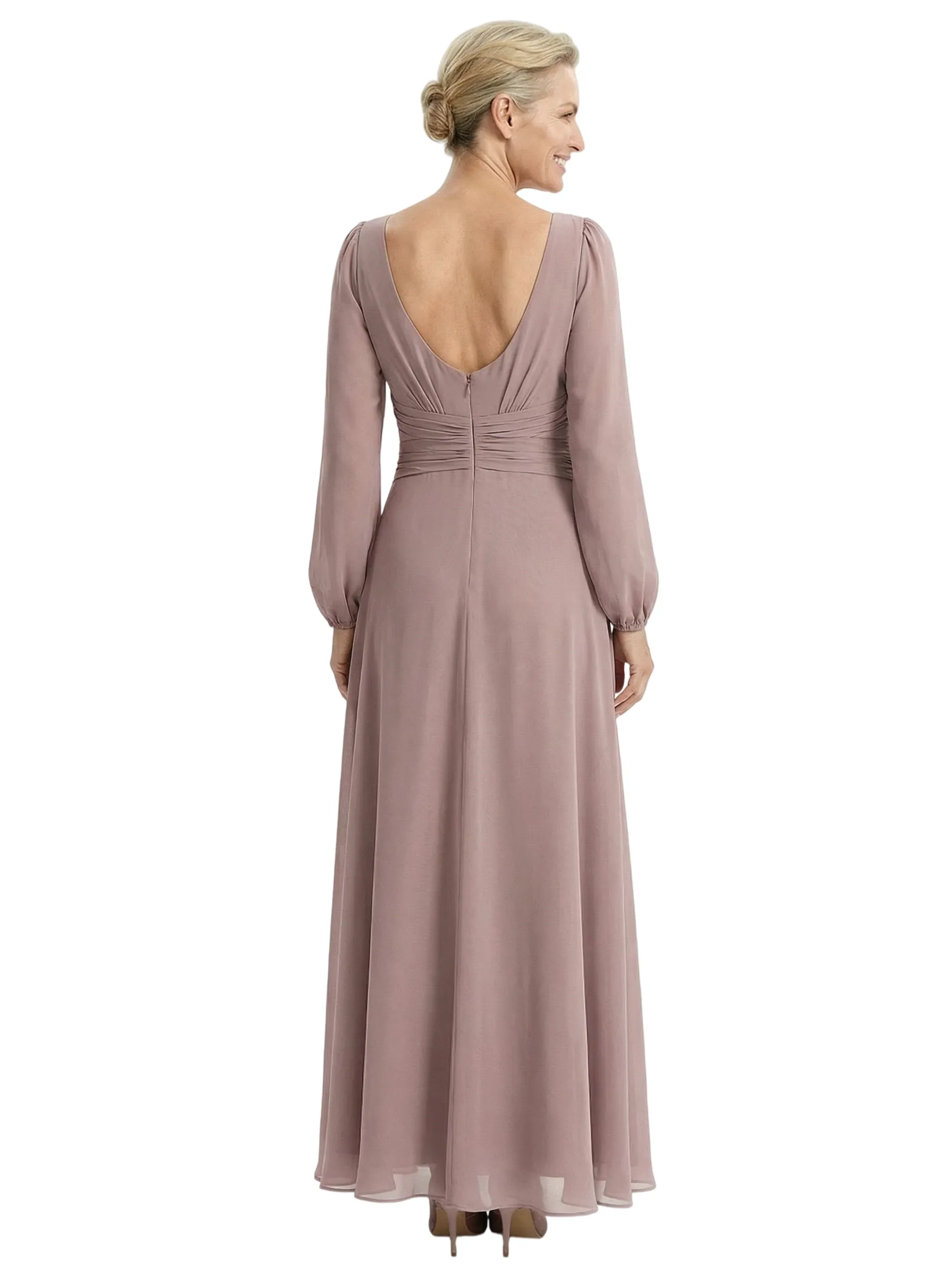 Elegant V-Neck Ruched Chiffon Mother Of The Bride Dress Long Sleeves Maxi Gown sold by ChicSew product image thumbnail 3