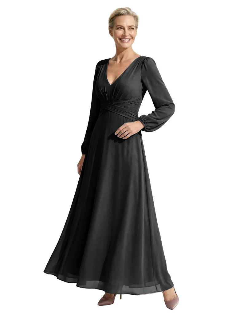 Elegant V-Neck Ruched Chiffon Mother Of The Bride Dress Long Sleeves Maxi Gown sold by ChicSew product image thumbnail 4