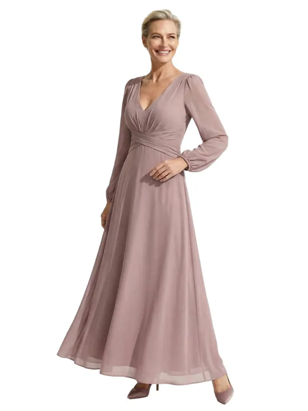Elegant V-Neck Ruched Chiffon Mother Of The Bride Dress Long Sleeves Maxi Gown sold by ChicSew