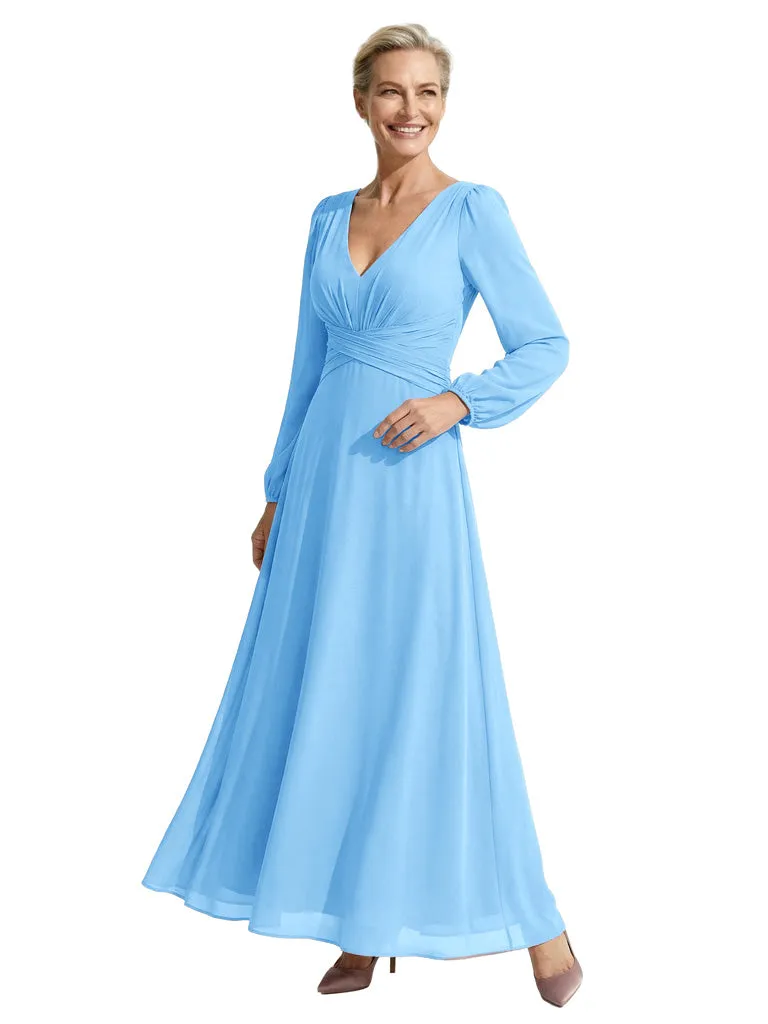 Elegant V-Neck Ruched Chiffon Mother Of The Bride Dress Long Sleeves Maxi Gown sold by ChicSew product image thumbnail 5