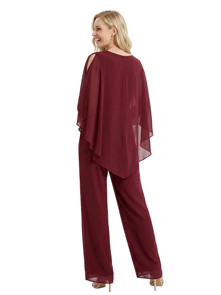 Elegant Chiffon Panusuit For Mother of the Bride With Cape Sleeves and Beaded V-Neckline sold by ChicSew product image thumbnail 3
