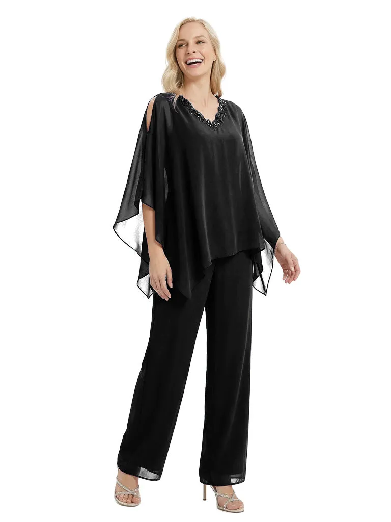 Elegant Chiffon Panusuit For Mother of the Bride With Cape Sleeves and Beaded V-Neckline sold by ChicSew product image thumbnail 4