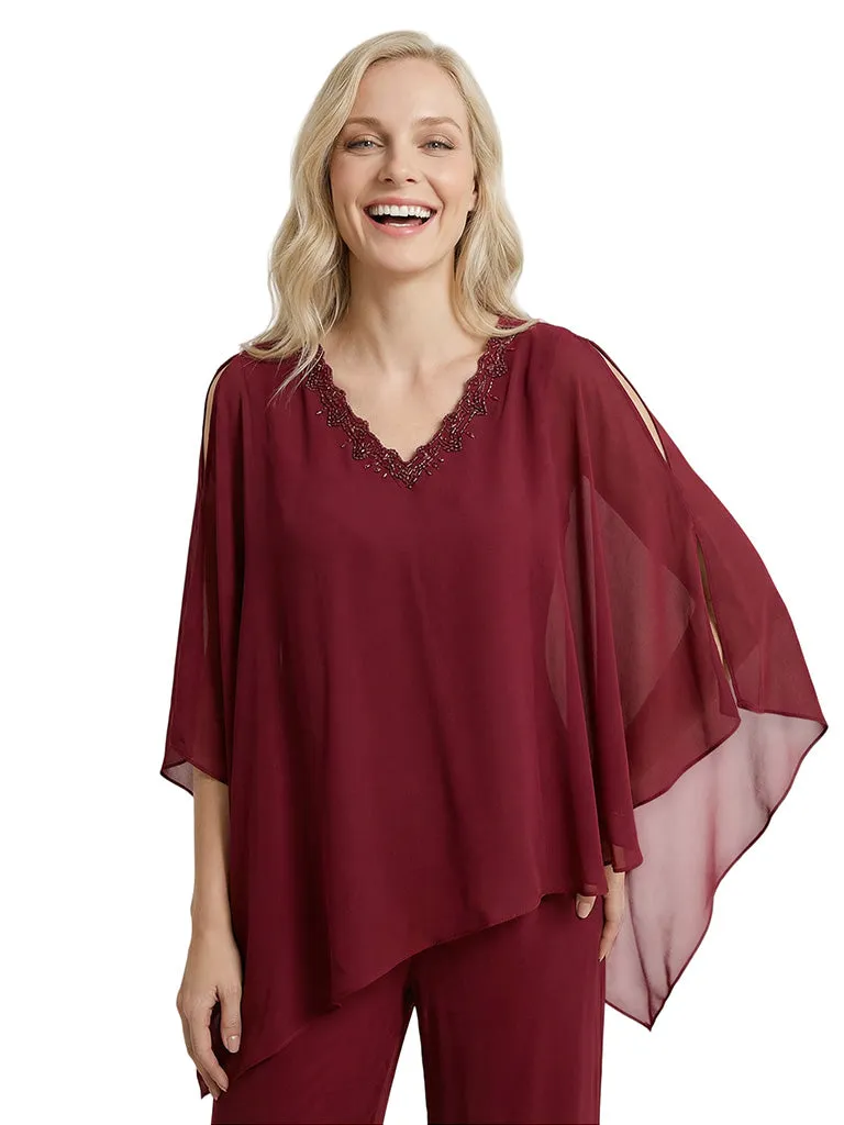 Elegant Chiffon Panusuit For Mother of the Bride With Cape Sleeves and Beaded V-Neckline sold by ChicSew product image thumbnail 2