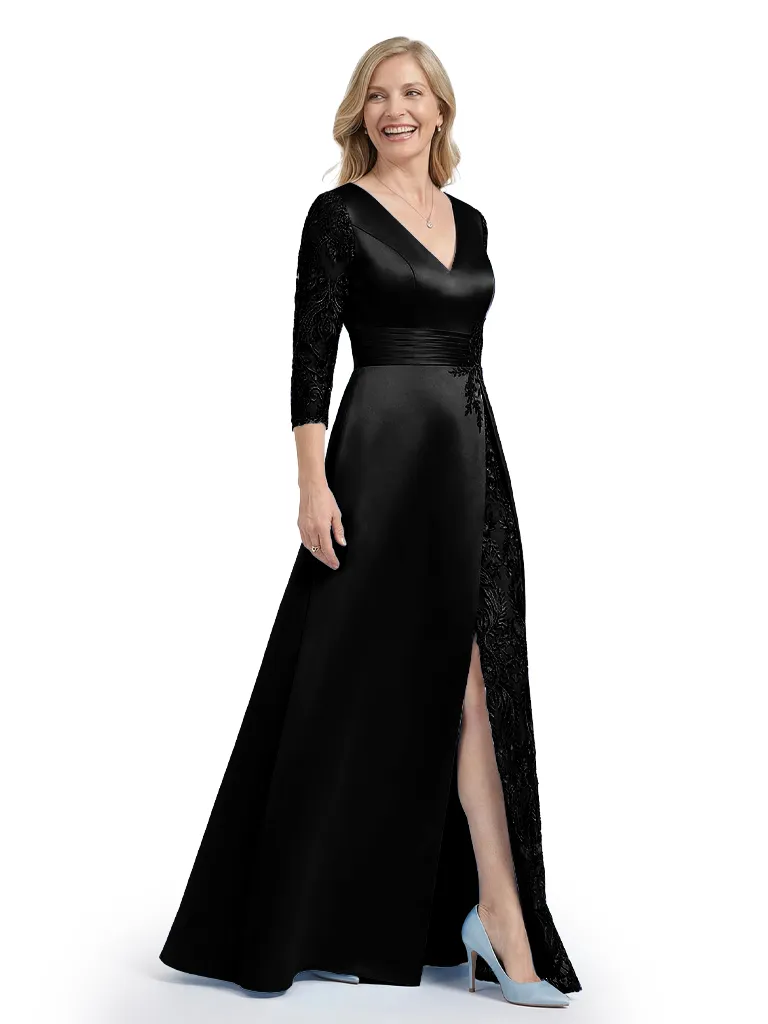 Trendy Lace Satin Mother Of The Bride Dress V-Neck Side Slit A-Line Gown sold by ChicSew product image thumbnail 4
