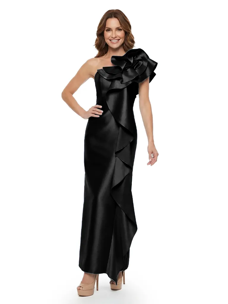 Unique One Shoulder Satin Mother Of The Groom Gown Floral Ruffle Sheath Ankle-Length Dress sold by ChicSew product image thumbnail 4