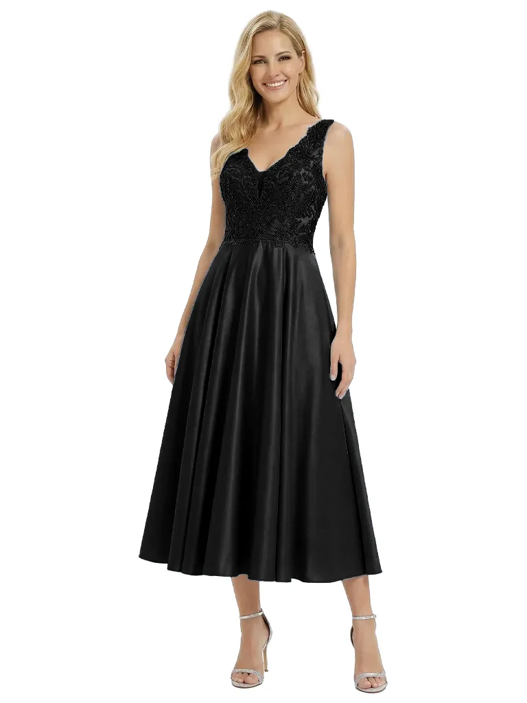 Fancy Sleeveless V-Neck A-line Lace Satin Tea-Length Mother of The Bride Dress sold by ChicSew product image thumbnail 4