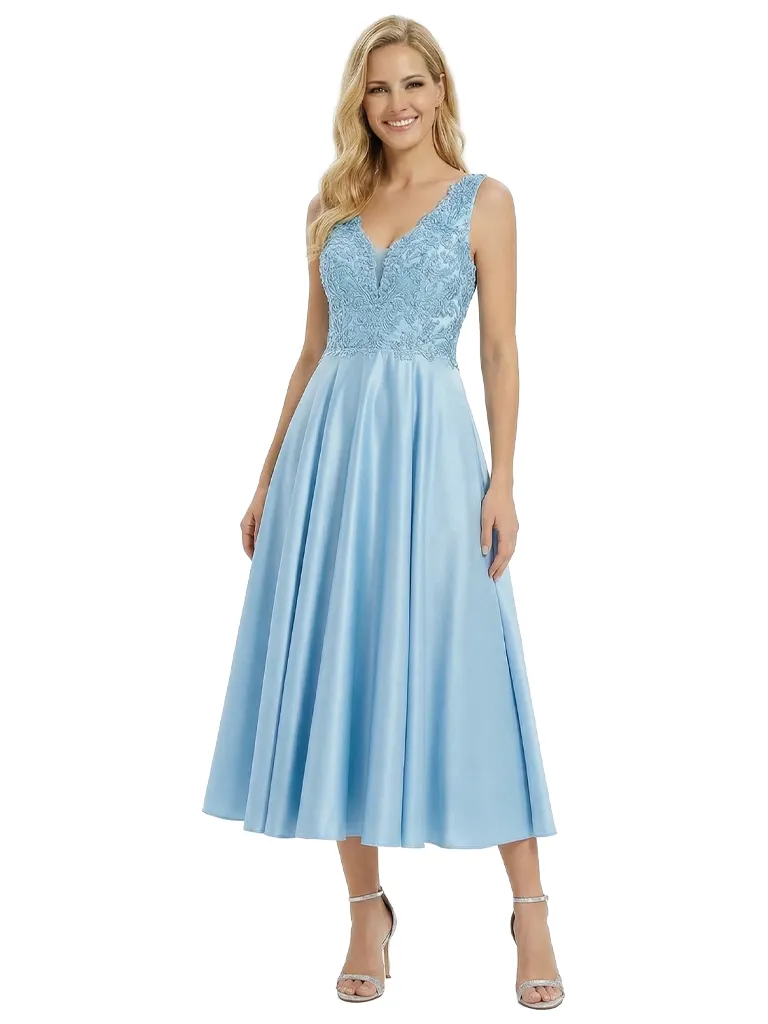 Fancy Sleeveless V-Neck A-line Lace Satin Tea-Length Mother of The Bride Dress sold by ChicSew