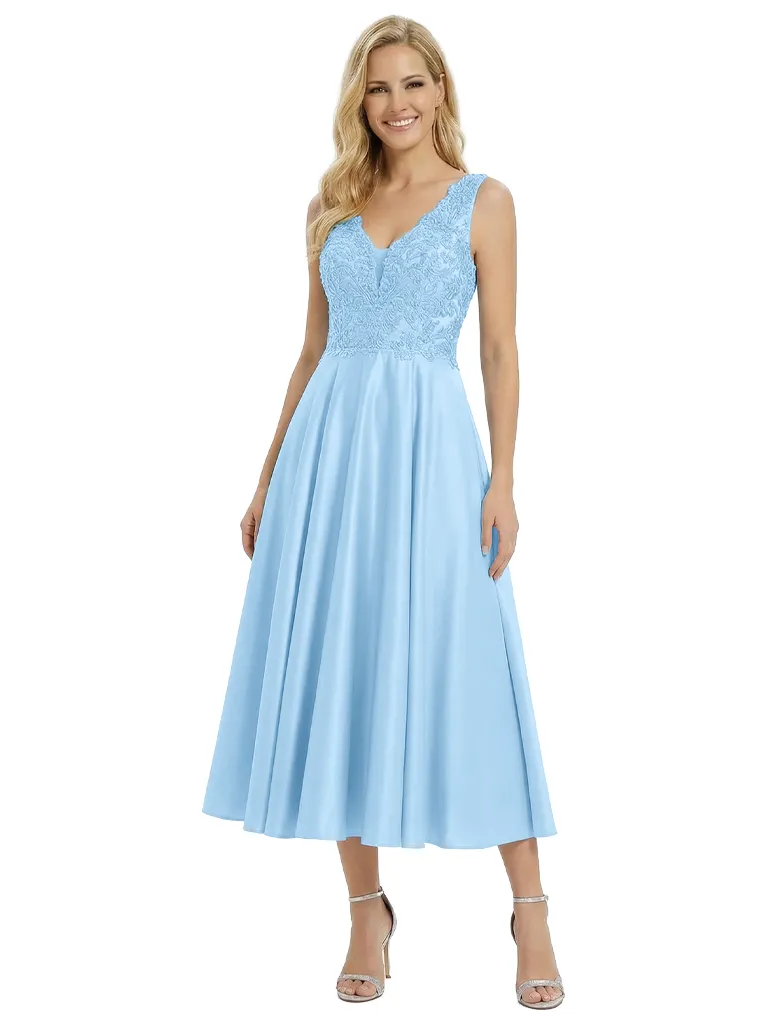 Fancy Sleeveless V-Neck A-line Lace Satin Tea-Length Mother of The Bride Dress sold by ChicSew product image thumbnail 5