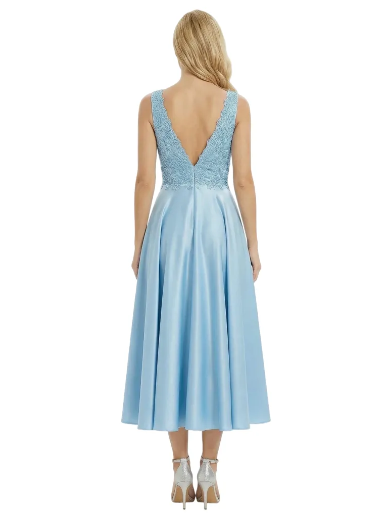Fancy Sleeveless V-Neck A-line Lace Satin Tea-Length Mother of The Bride Dress sold by ChicSew product image thumbnail 3