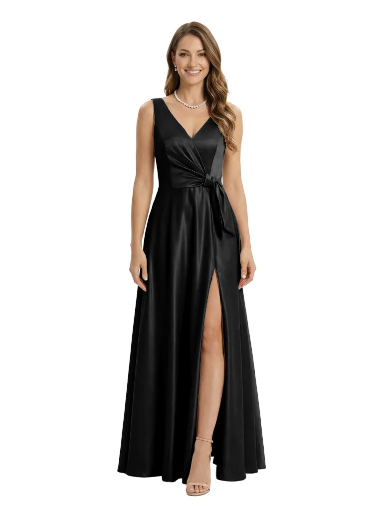 Elegant Ruched Satin Mother Of The Bride Dress V-Neck Maxi Gown Side Slit sold by ChicSew product image thumbnail 4
