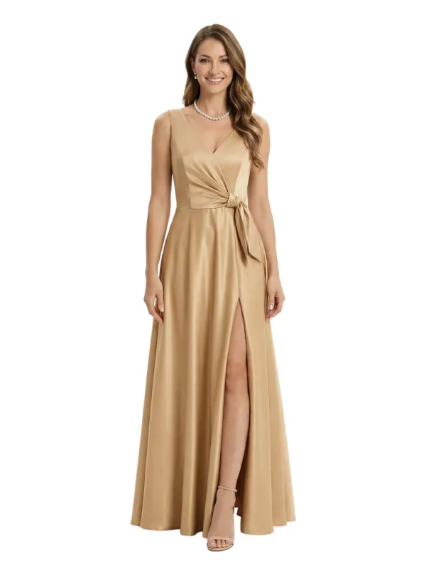 Elegant Ruched Satin Mother Of The Bride Dress V-Neck Maxi Gown Side Slit sold by ChicSew