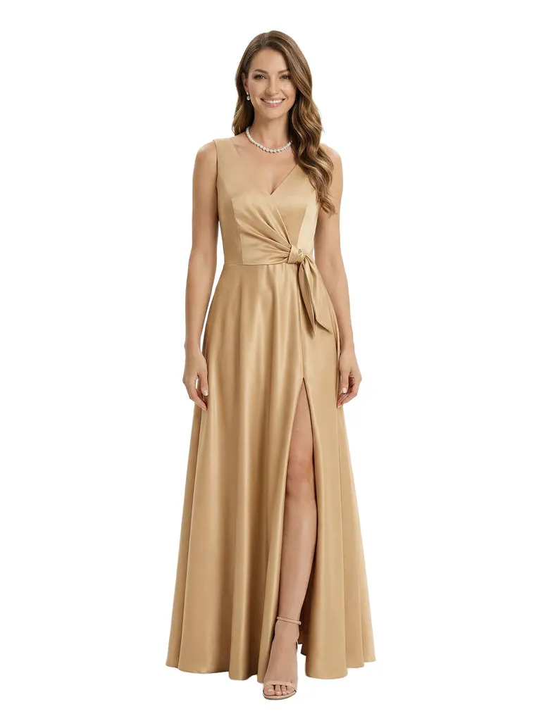 Elegant Ruched Satin Mother Of The Bride Dress V-Neck Maxi Gown Side Slit sold by ChicSew