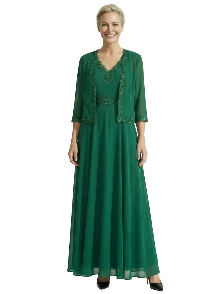 Timeless 2 Piece V-neck A-Line Chiffon Mother Of The Bride Dress With Jacket sold by ChicSew