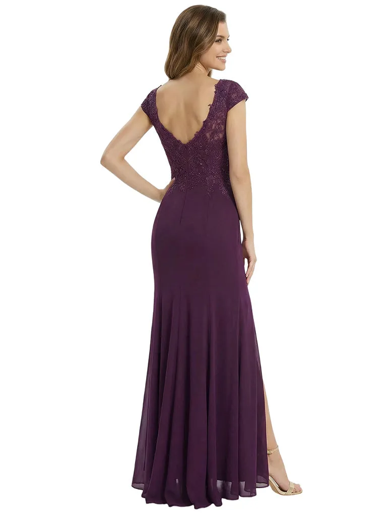 Chic Cap Sleeves Mermaid Lace Appliques Chiffon Mother Of The Bride Dress With Side Slit sold by ChicSew product image thumbnail 3