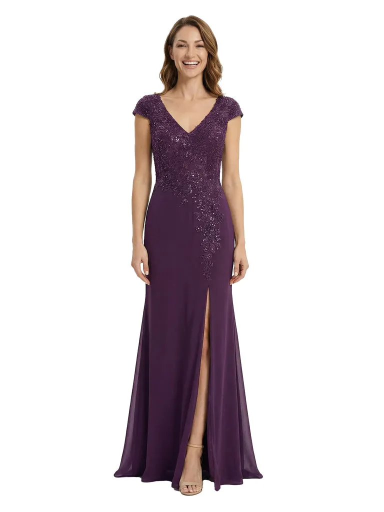 Chic Cap Sleeves Mermaid Lace Appliques Chiffon Mother Of The Bride Dress With Side Slit sold by ChicSew