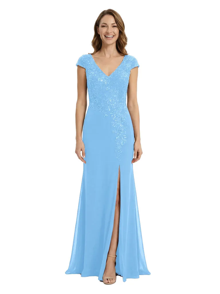 Chic Cap Sleeves Mermaid Lace Appliques Chiffon Mother Of The Bride Dress With Side Slit sold by ChicSew product image thumbnail 5