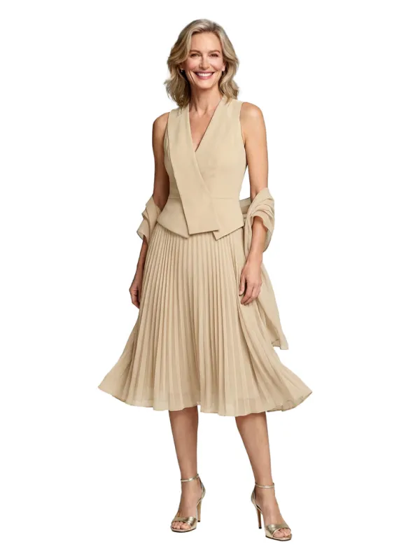 Sleeveless Chiffon Mother Of The Bride Dress Pleated Midi Dress With Shawl sold by ChicSew