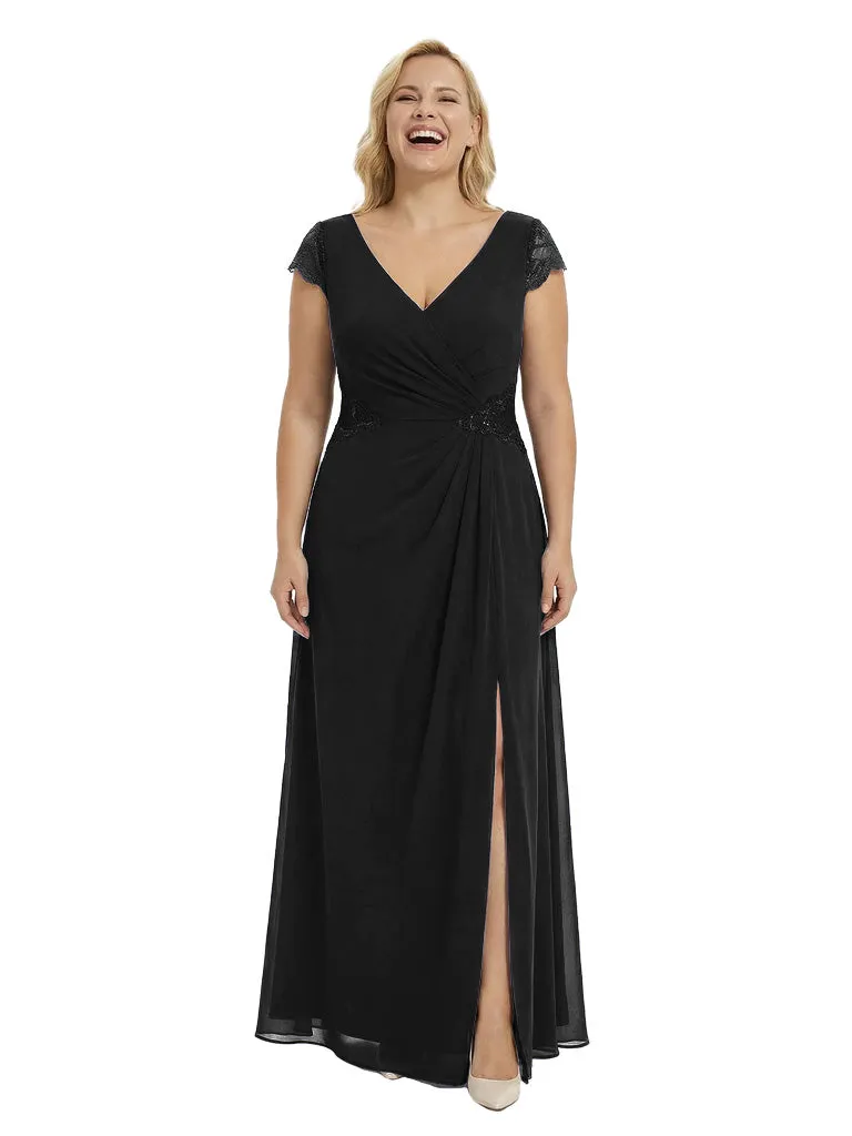 Elegant V-Neck Cap Sleeves Chiffon Sheath Mother Of The Bride Dress With Side Slit sold by ChicSew product image thumbnail 4