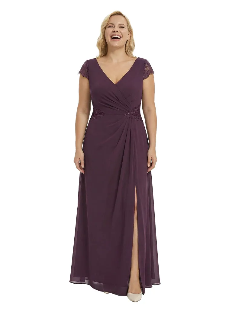 Elegant V-Neck Cap Sleeves Chiffon Sheath Mother Of The Bride Dress With Side Slit sold by ChicSew