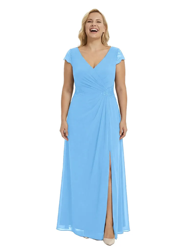 Elegant V-Neck Cap Sleeves Chiffon Sheath Mother Of The Bride Dress With Side Slit sold by ChicSew product image thumbnail 5