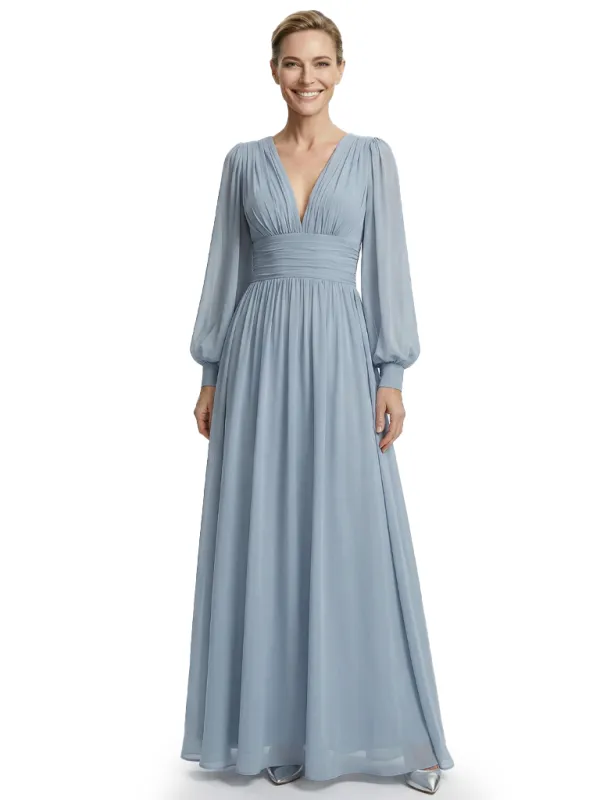 Elegant V-Neck Chiffon Mother Of The Bride Gown Pleated Long Sleeves A-Line Dress sold by ChicSew