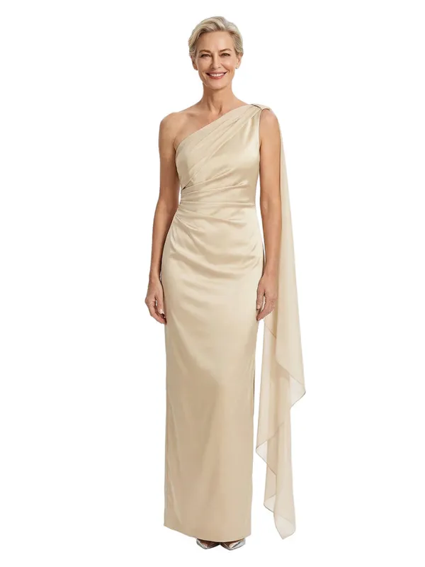Elegant One Shoulder Ruched Satin Maxi Mother of The Groom Dress sold by ChicSew